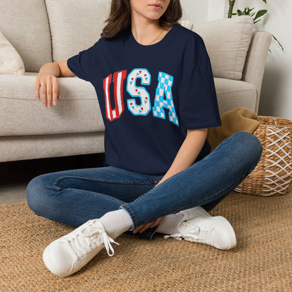 USA Patriotic T-Shirt — Red White & Blue Lettering Tee