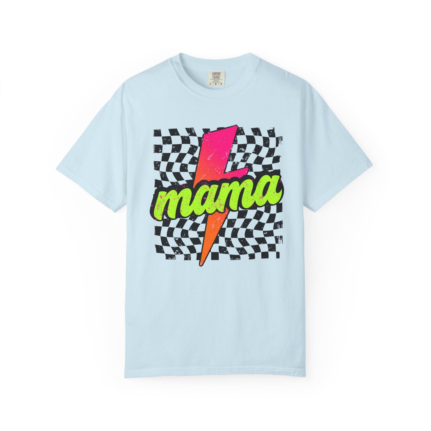 Mama Lightning Bolt T-Shirt — Retro Neon Checkered Graphic Tee for Moms