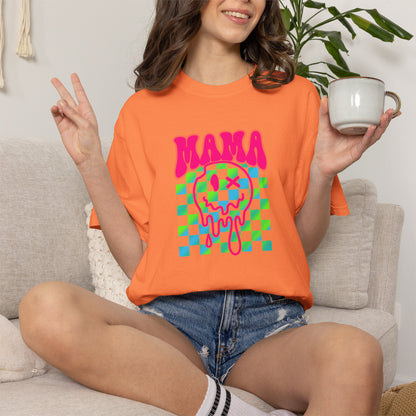 Mama Meltdown Graphic T-Shirt — Neon Checkerboard Drip Design