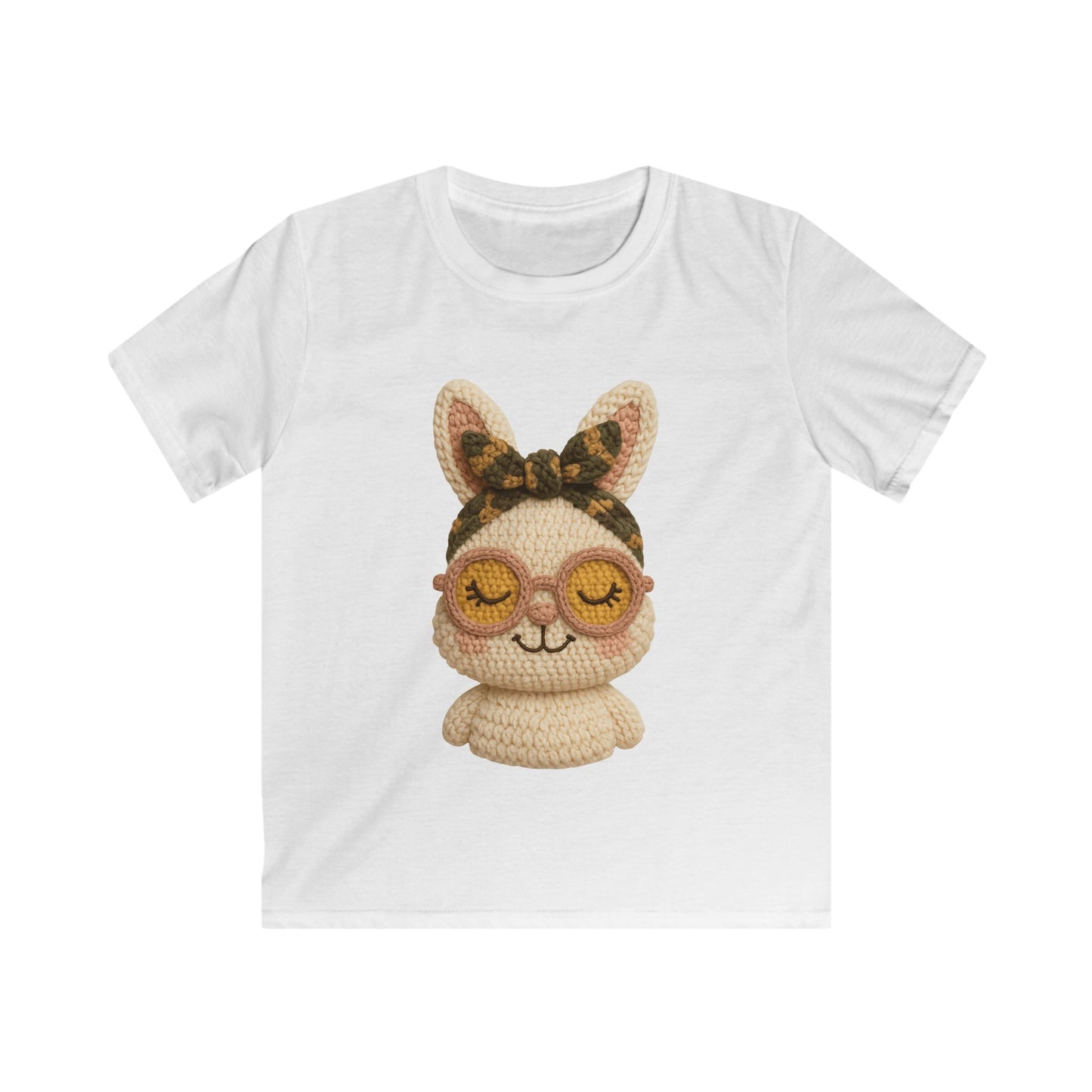 Kids Bunny Tee with Cute Eyewear Crochet Art — Softstyle Graphic Shirt for Kids