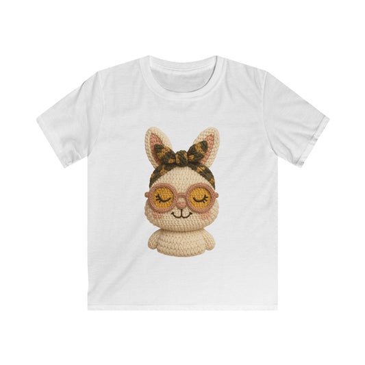 Kids Bunny Tee with Cute Eyewear Crochet Art — Softstyle Graphic Shirt for Kids