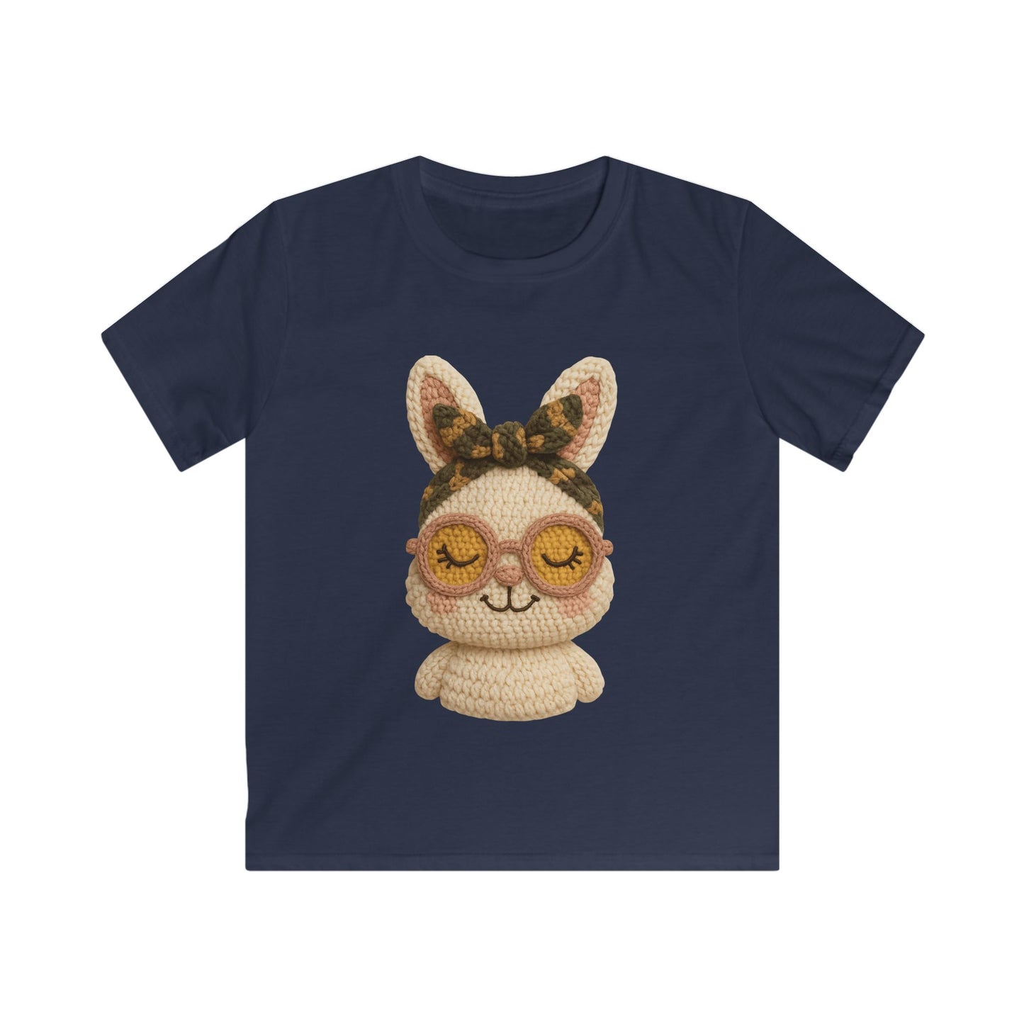 Kids Bunny Tee with Cute Eyewear Crochet Art — Softstyle Graphic Shirt for Kids
