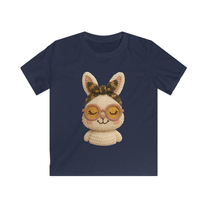 Kids Bunny Tee with Cute Eyewear Crochet Art — Softstyle Graphic Shirt for Kids