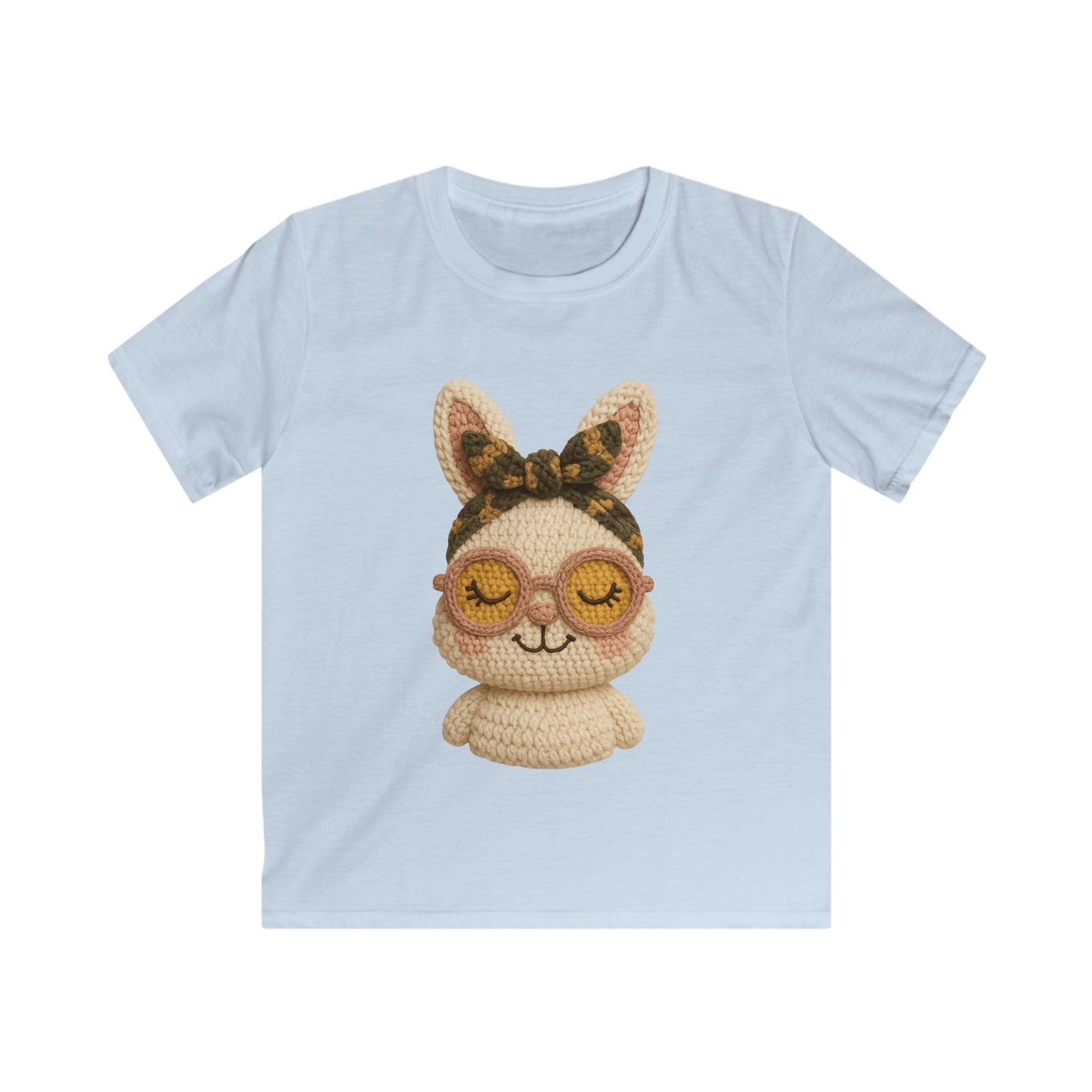 Kids Bunny Tee with Cute Eyewear Crochet Art — Softstyle Graphic Shirt for Kids
