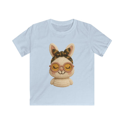 Kids Bunny Tee with Cute Eyewear Crochet Art — Softstyle Graphic Shirt for Kids