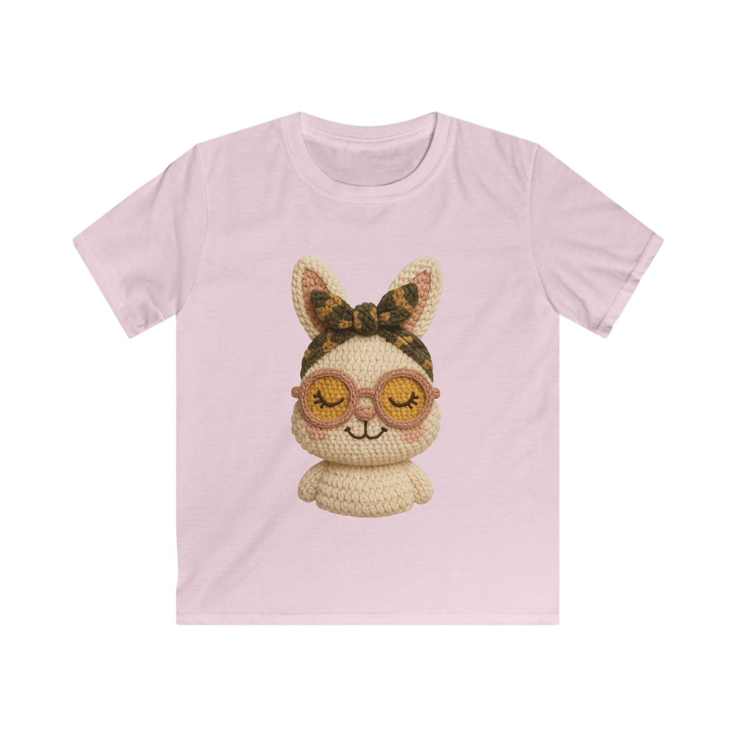 Kids Bunny Tee with Cute Eyewear Crochet Art — Softstyle Graphic Shirt for Kids
