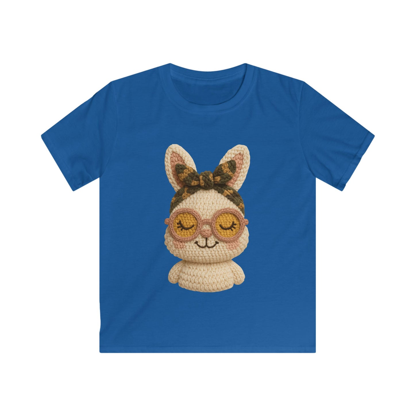 Kids Bunny Tee with Cute Eyewear Crochet Art — Softstyle Graphic Shirt for Kids