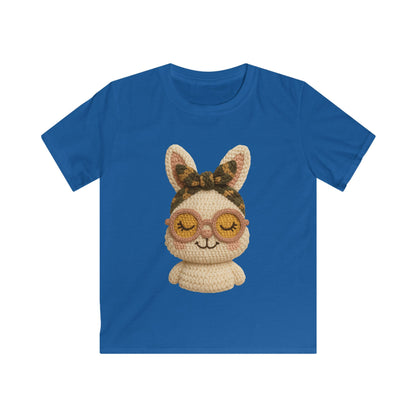 Kids Bunny Tee with Cute Eyewear Crochet Art — Softstyle Graphic Shirt for Kids
