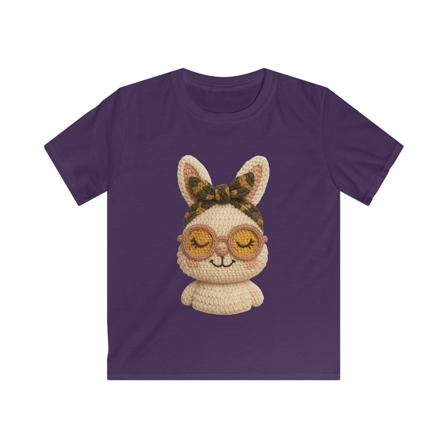 Kids Bunny Tee with Cute Eyewear Crochet Art — Softstyle Graphic Shirt for Kids