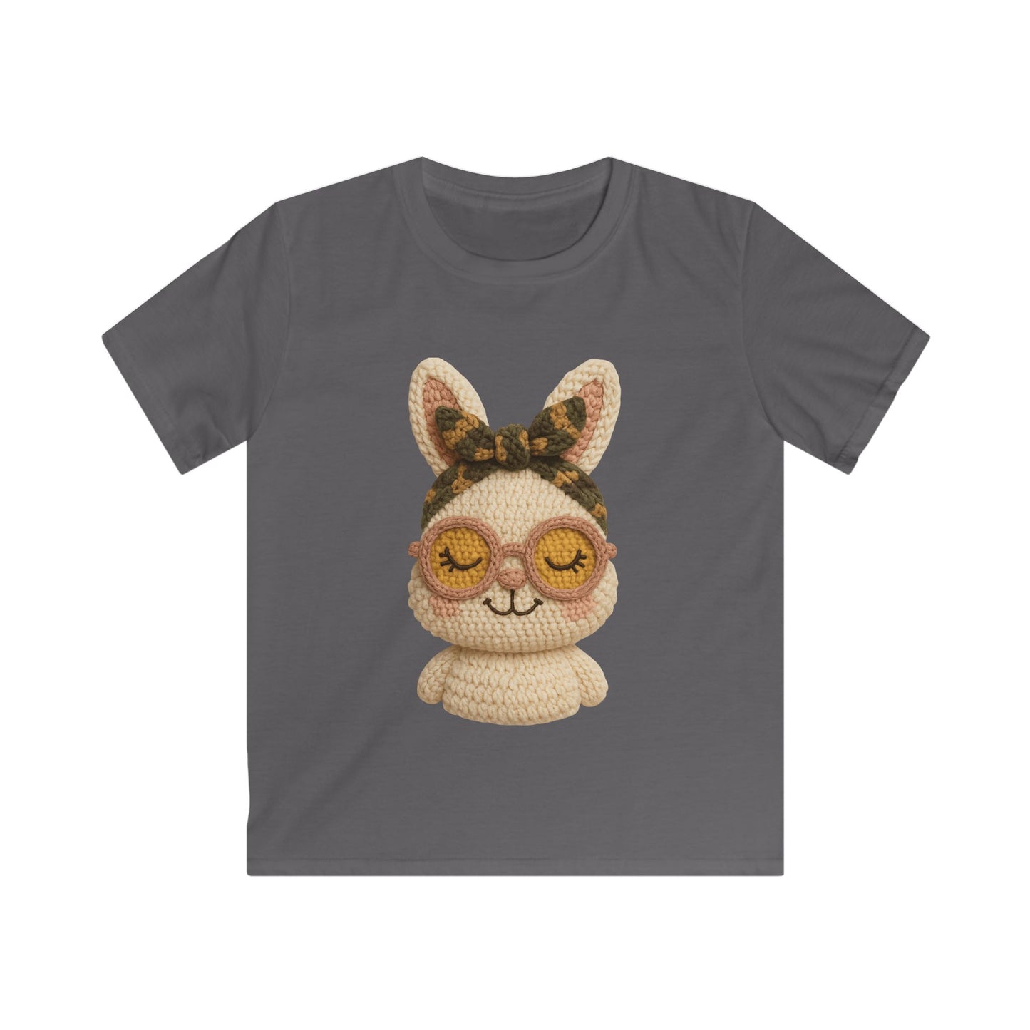 Kids Bunny Tee with Cute Eyewear Crochet Art — Softstyle Graphic Shirt for Kids