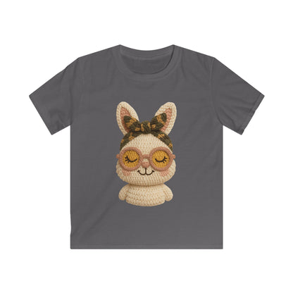 Kids Bunny Tee with Cute Eyewear Crochet Art — Softstyle Graphic Shirt for Kids