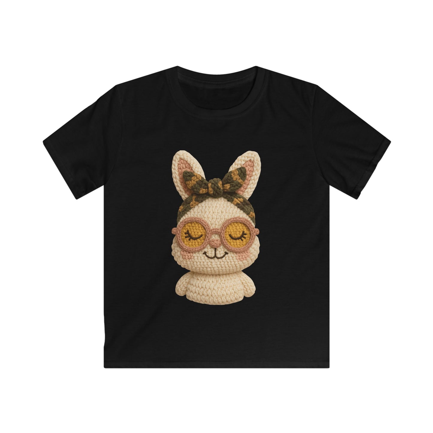 Kids Bunny Tee with Cute Eyewear Crochet Art — Softstyle Graphic Shirt for Kids