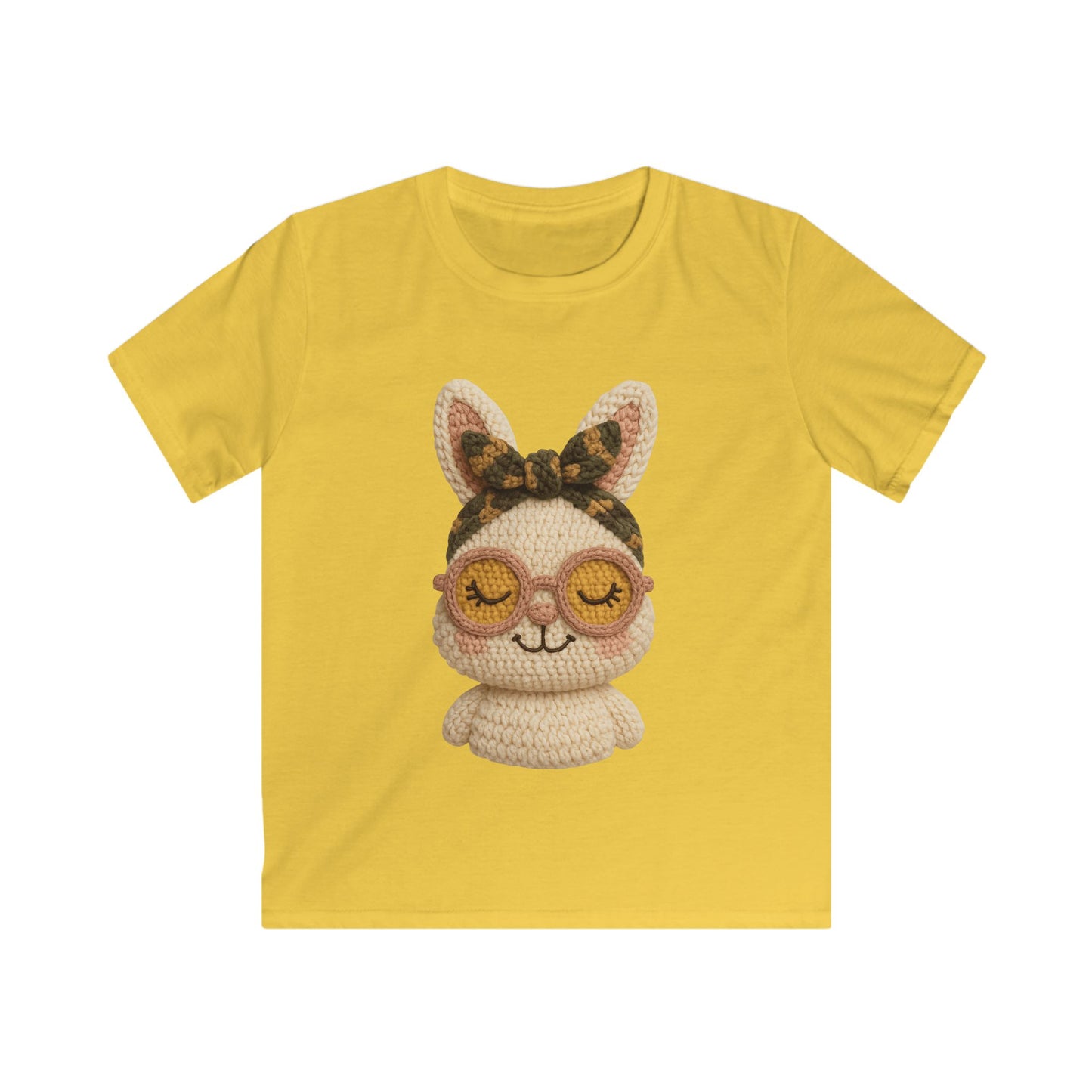 Kids Bunny Tee with Cute Eyewear Crochet Art — Softstyle Graphic Shirt for Kids