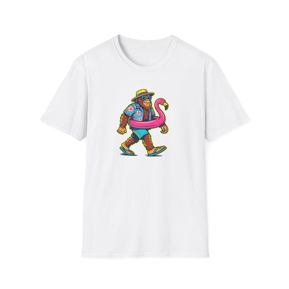 Beach Vacation Bigfoot Tee — Funny Sasquatch with Flamingo Float Shirt