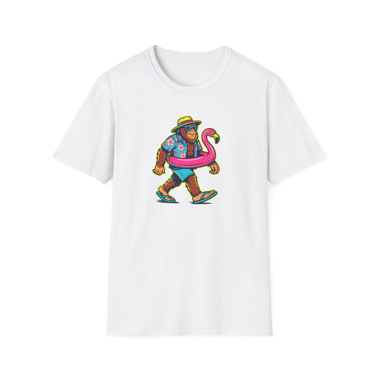 Beach Vacation Bigfoot Tee — Funny Sasquatch with Flamingo Float Shirt