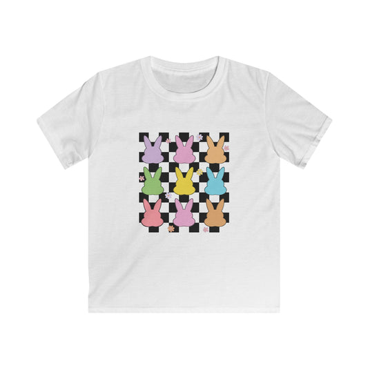 Kids Bunny Checkerboard Tee — Pastel Easter Bunny Graphic Shirt