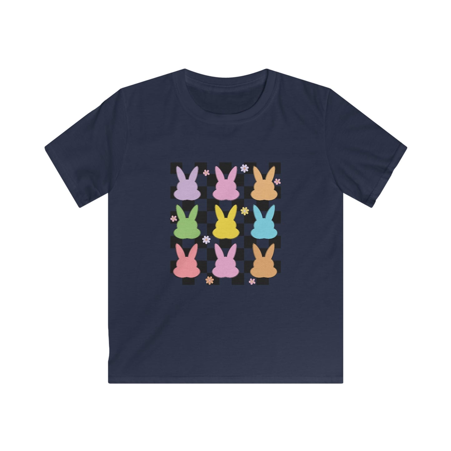 Kids Bunny Checkerboard Tee — Pastel Easter Bunny Graphic Shirt