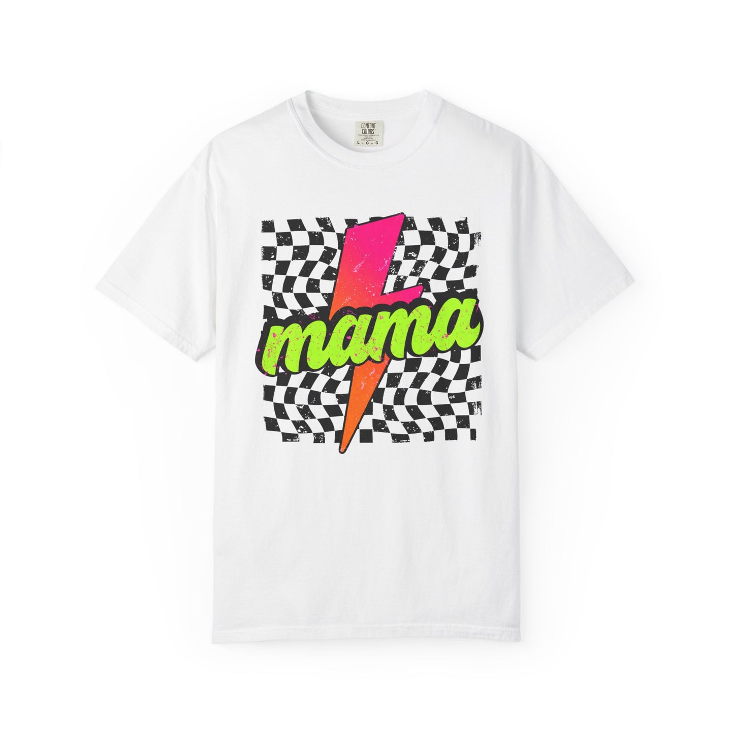 Mama Lightning Bolt T-Shirt — Retro Neon Checkered Graphic Tee for Moms