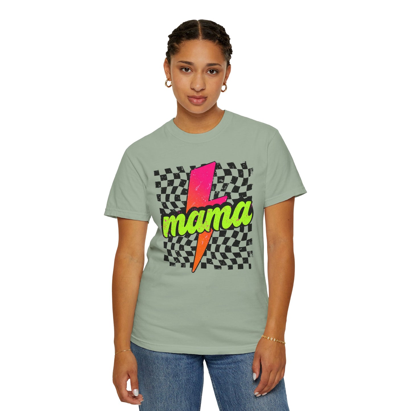 Mama Lightning Bolt T-Shirt — Retro Neon Checkered Graphic Tee for Moms