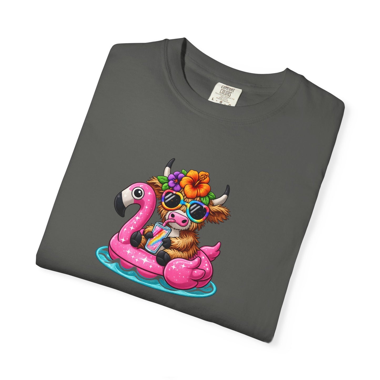 Cute cow on Pink Flamingo Float Graphic T-Shirt — Summer Pool Party Tee