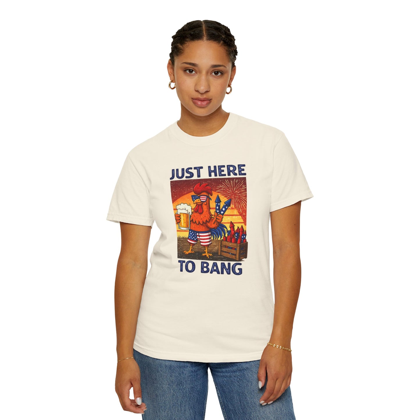 T-Shirt — "Just Here to Bang" Rooster Liberty BBQ Graphic Tee