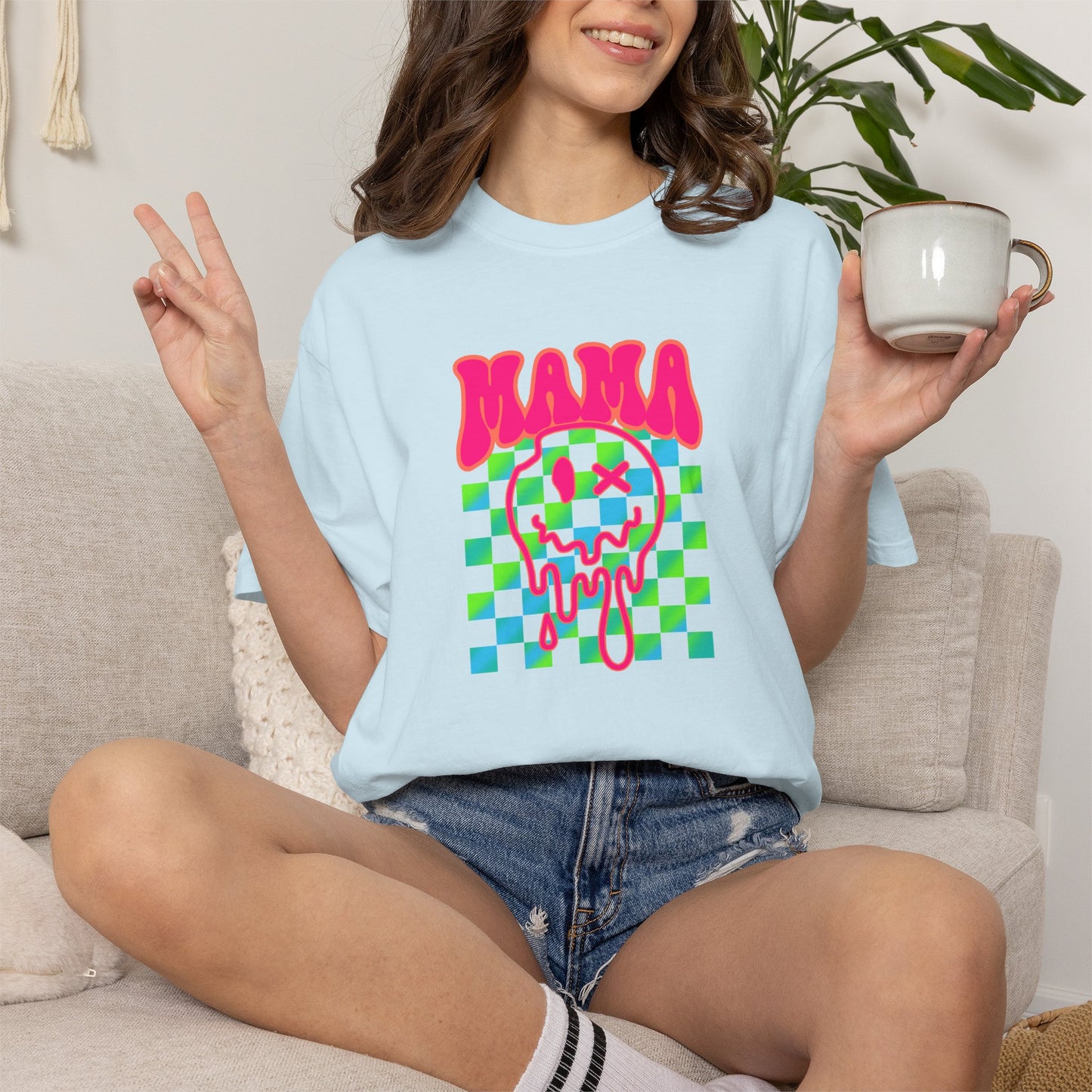 Mama Meltdown Graphic T-Shirt — Neon Checkerboard Drip Design