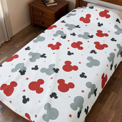 Mickey Pattern Velveteen Plush Blanket – Red & Gray Disney Mouse Silhouette Throw