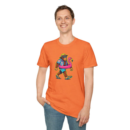 Beach Vacation Bigfoot Tee — Funny Sasquatch with Flamingo Float Shirt