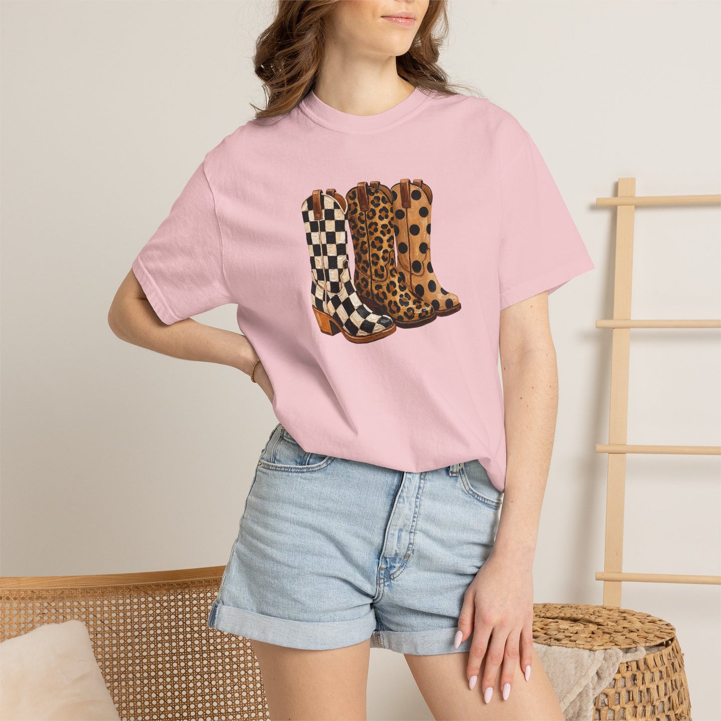 Cowgirl Boots Graphic T-Shirt — Checker & Leopard Print Western Tee