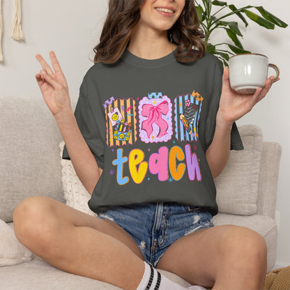 Teacher Gift T‑Shirt — Colorful 'Teach' Classroom Apple & Supplies Design
