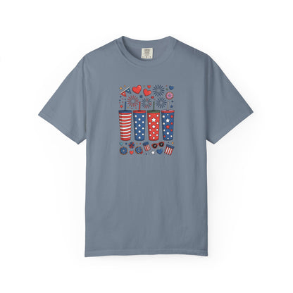 Patriotic Fireworks Cups T-Shirt — USA 4th of July Graphic Tee