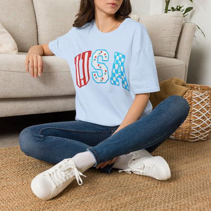 USA Patriotic T-Shirt — Red White & Blue Lettering Tee