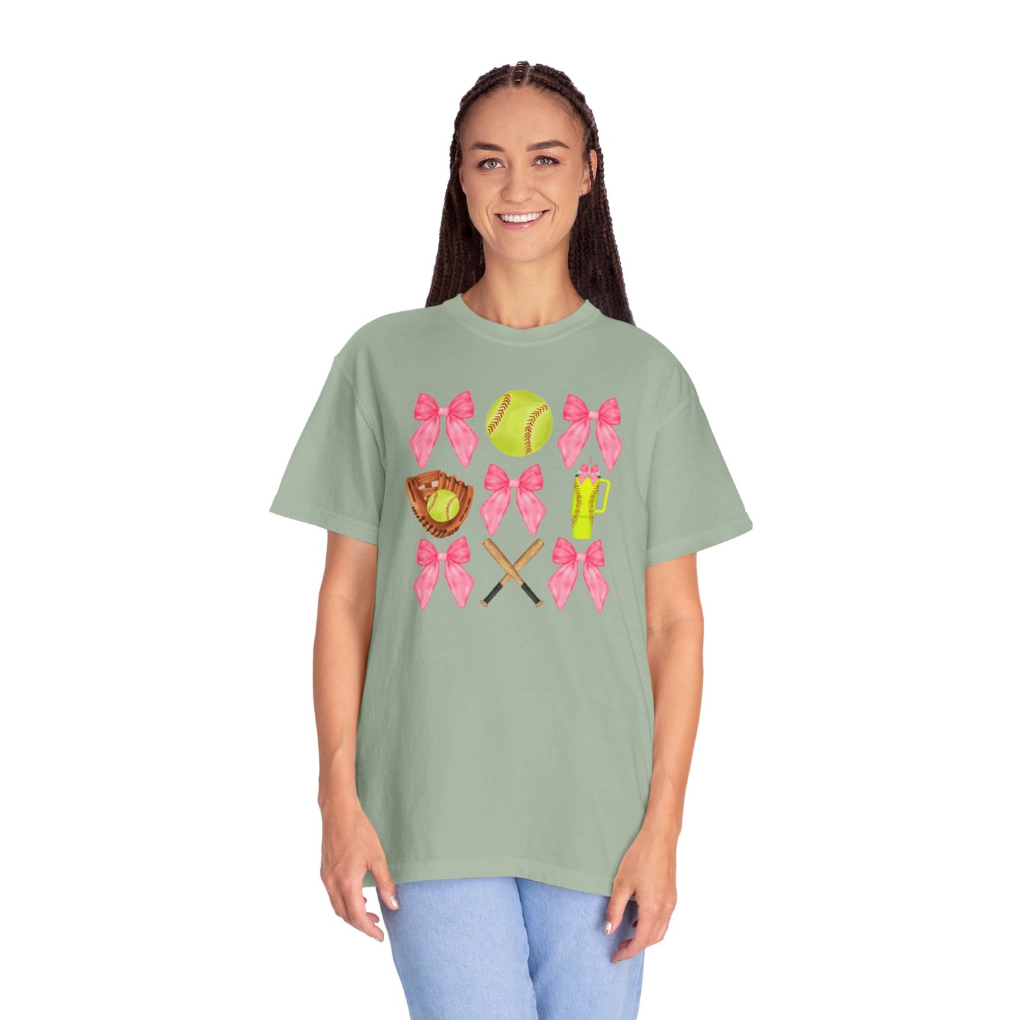 Softball Mom Graphic T‑Shirt — Pink Bows, Glove & Bat Design