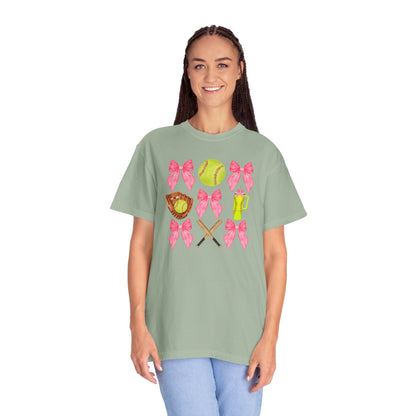 Softball Mom Graphic T‑Shirt — Pink Bows, Glove & Bat Design