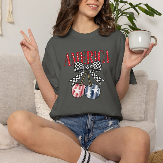 America Cherry Graphic T-Shirt — Patriotic 4th of July Tee