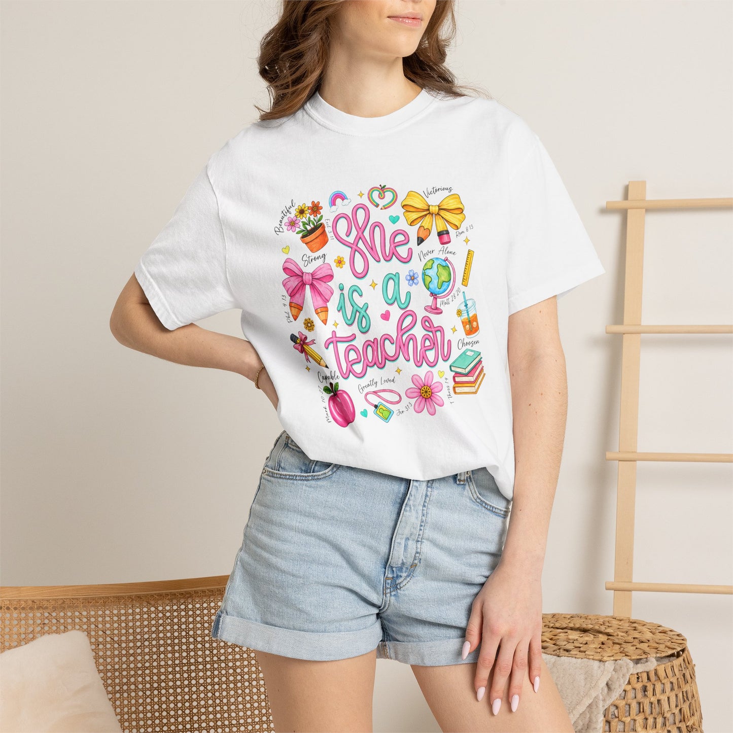 Teacher T-Shirt — "She is a Teacher" Cute School Supplies Design