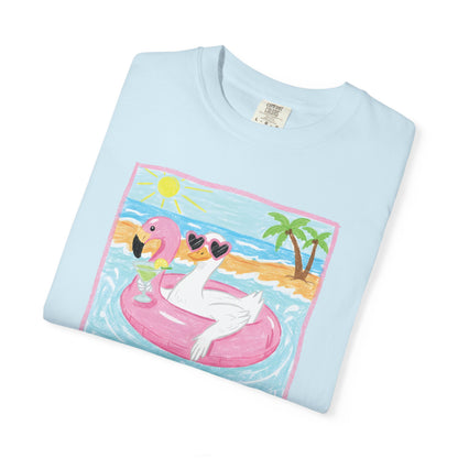 Summer Flamingo Pool Float T-Shirt – ‘Good Vibes & Sunshine’ Beach Tee