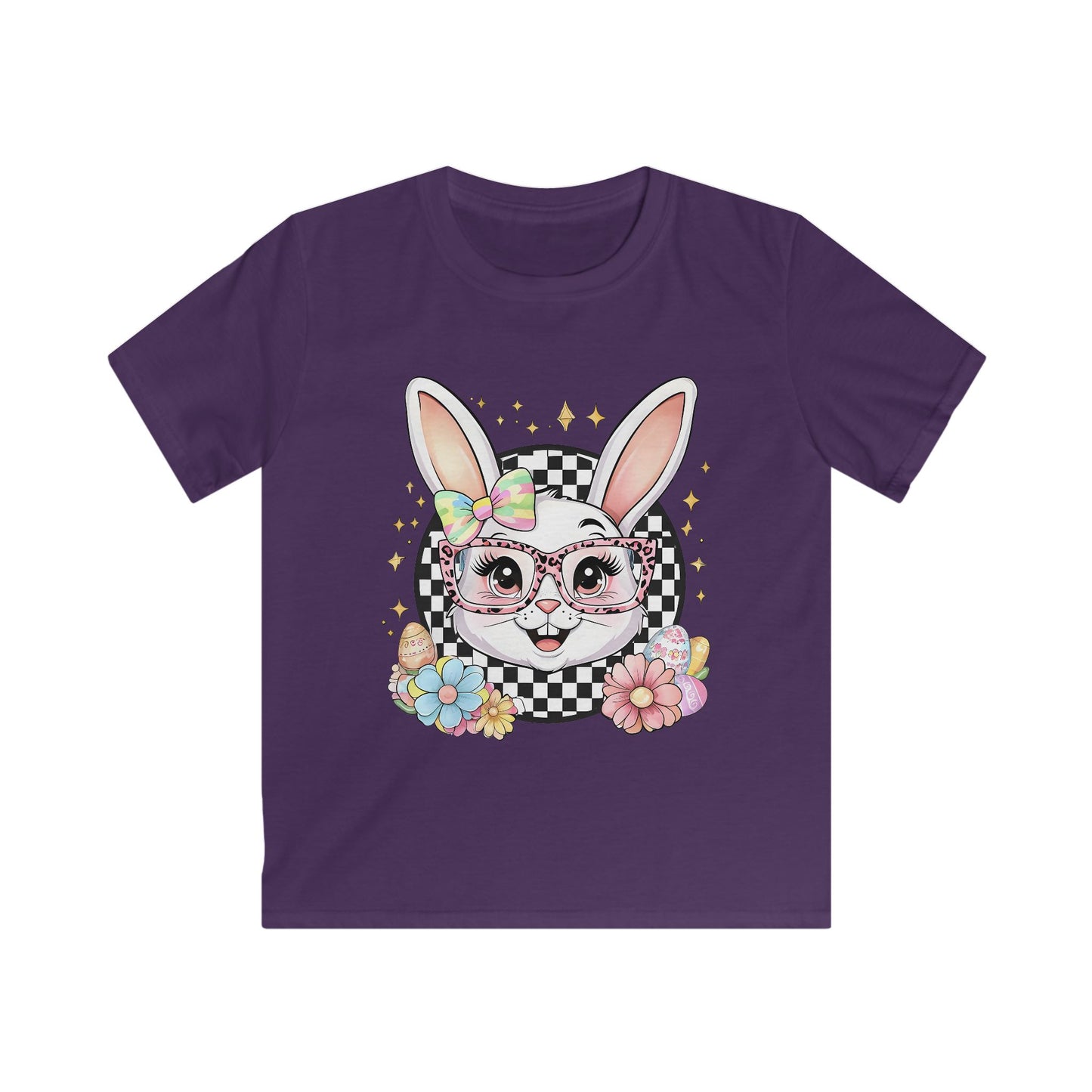 Kids Bunny Floral Tee — Cute Bunny with Glasses & Checkerboard Design