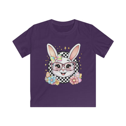 Kids Bunny Floral Tee — Cute Bunny with Glasses & Checkerboard Design