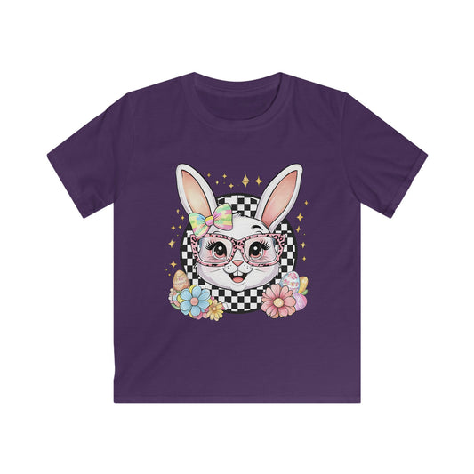 Kids Bunny Floral Tee — Cute Bunny with Glasses & Checkerboard Design