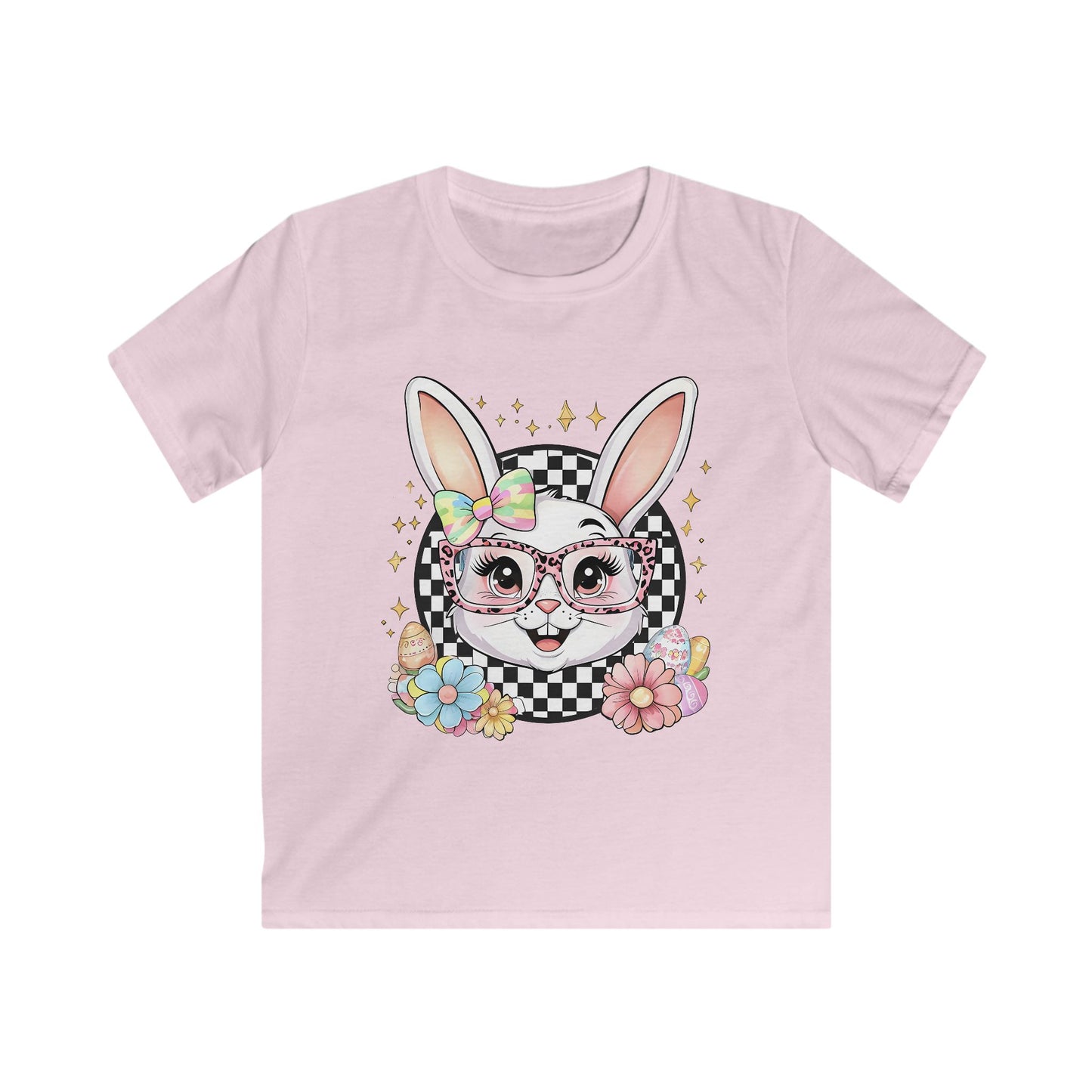 Kids Bunny Floral Tee — Cute Bunny with Glasses & Checkerboard Design
