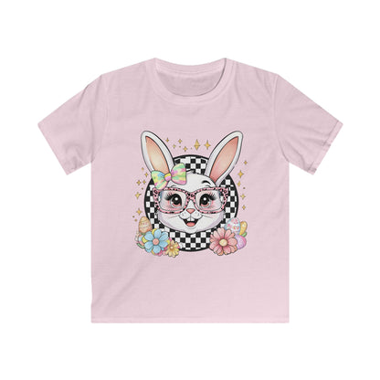 Kids Bunny Floral Tee — Cute Bunny with Glasses & Checkerboard Design