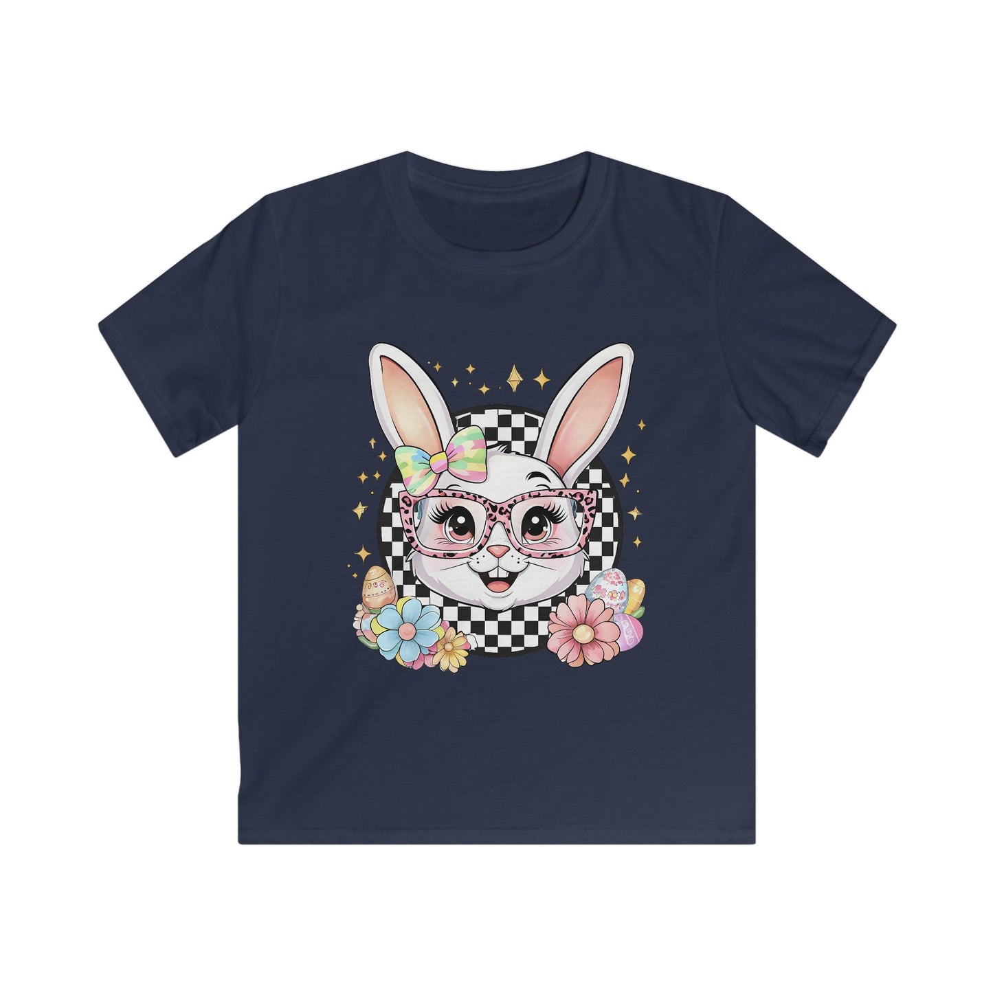 Kids Bunny Floral Tee — Cute Bunny with Glasses & Checkerboard Design