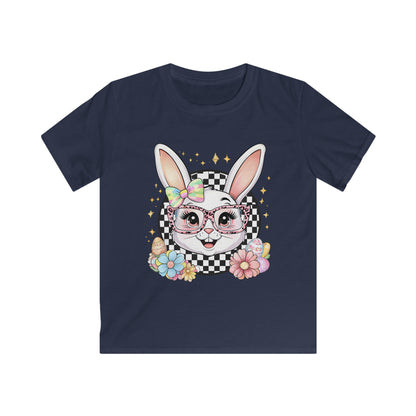Kids Bunny Floral Tee — Cute Bunny with Glasses & Checkerboard Design