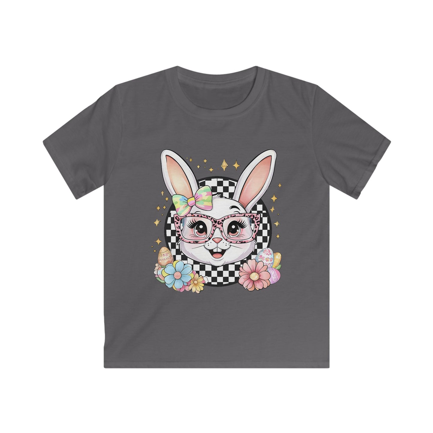 Kids Bunny Floral Tee — Cute Bunny with Glasses & Checkerboard Design
