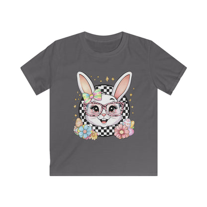 Kids Bunny Floral Tee — Cute Bunny with Glasses & Checkerboard Design