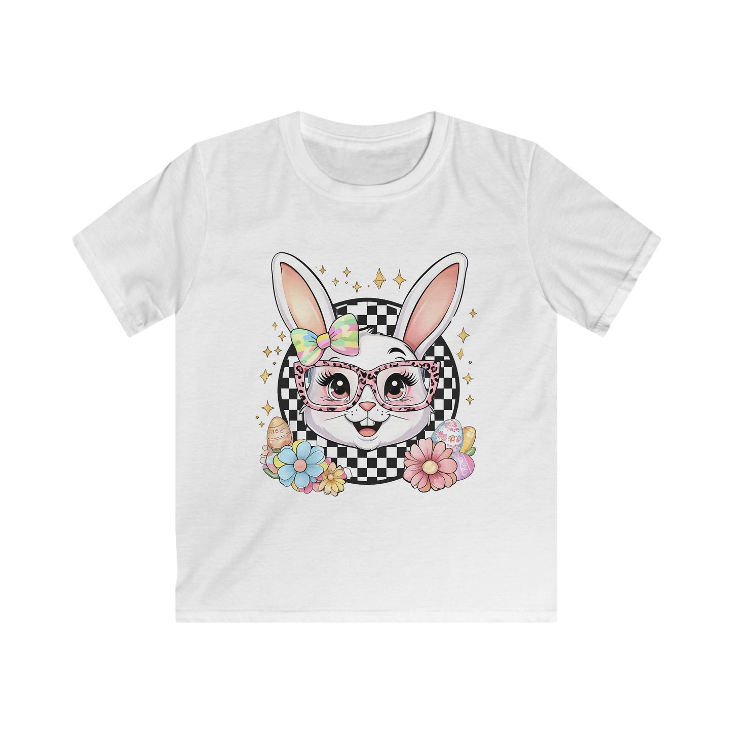 Kids Bunny Floral Tee — Cute Bunny with Glasses & Checkerboard Design