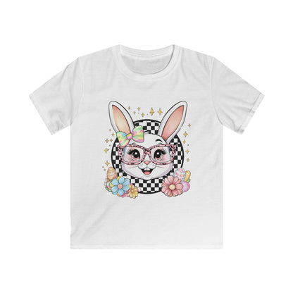 Kids Bunny Floral Tee — Cute Bunny with Glasses & Checkerboard Design