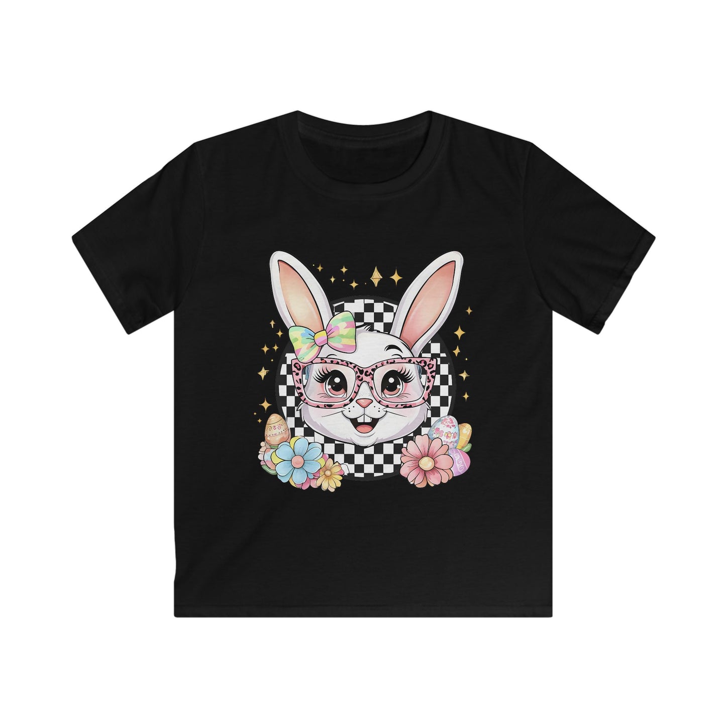 Kids Bunny Floral Tee — Cute Bunny with Glasses & Checkerboard Design