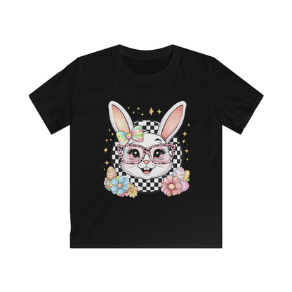 Kids Bunny Floral Tee — Cute Bunny with Glasses & Checkerboard Design